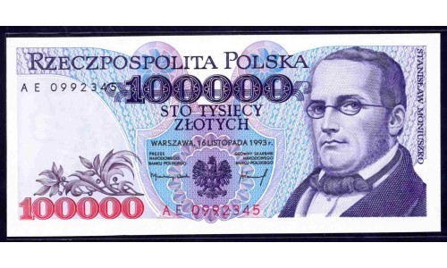 Польша 100000 злотых 1993 г. (POLAND 100000 Złotych 1993) P 160: UNC