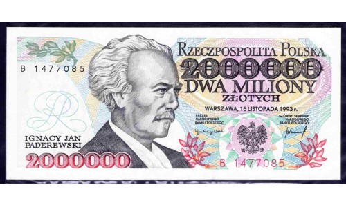 Польша 2 миллиона злотых 1993 года, префикс В (POLAND 2.000.000 Złotych 1993, prefix B) P 163: UNC