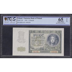 Польша 5 злотых 1941 года (POLAND 5 Złotych 1941) Р 101: PCGS 65 Gem UNC