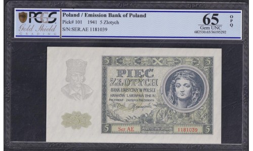 Польша 5 злотых 1941 года (POLAND 5 Złotych 1941) Р 101: PCGS 65 Gem UNC