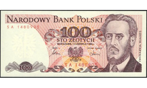Польша 100 злотых 1986 (POLAND 100 Złotych 1986) P 143d : UNC