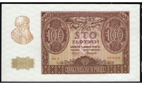 Польша 100 злотых 1940 года (POLAND 100 Złotych 1940) Р 97: UNC