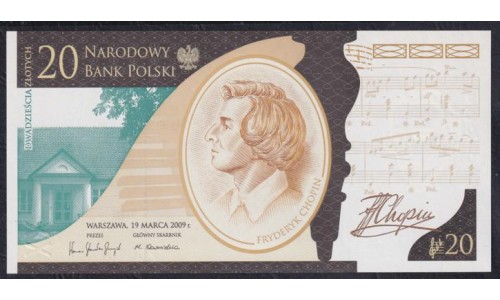 Польша 20 злотых 2009 года, Юбилейные без Буклета, 200 лет с рождения Шопена  (POLAND 20 Złotych 2009) P 181 : UNC