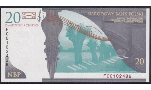 Польша 20 злотых 2009 года, Юбилейные без Буклета, 200 лет с рождения Шопена  (POLAND 20 Złotych 2009) P 181 : UNC