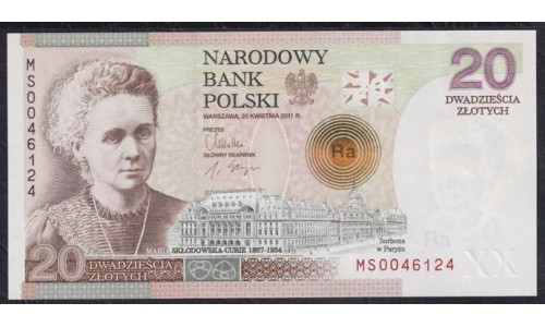 Польша 20 злотых 2011 года, 100 лет со дня вручения Нобелевской премии Марии Кюри, без Буклета (POLAND 20 Złotych 2011) P А184: UNC 