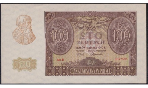 Польша 100 злотых 1940 года (POLAND 100 Złotych 1940) Р 97: UNC