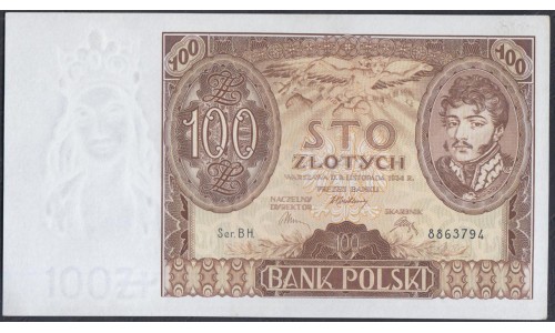 Польша 100 злотых 1934 года, Серия BH (POLAND 100 Złotych 1934) Р 75b: UNC--