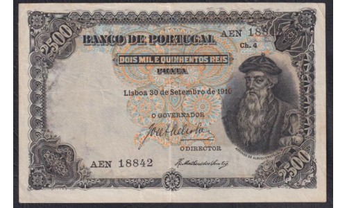 Португалия 2.500 Рейс 30.09.1910 года (PORTUGAL 2.500 Reis 30.09.1910) P 107: VF/XF