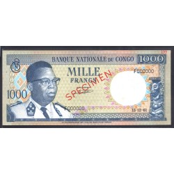 Конго 1000 франков 1961 год (CONGO  1000 francs 1961g.) P8s:Unc SPECIMEN