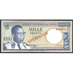 Конго 1000 франков 1964 год (CONGO  1000 francs 1964g.) P8s:Unc SPECIMEN