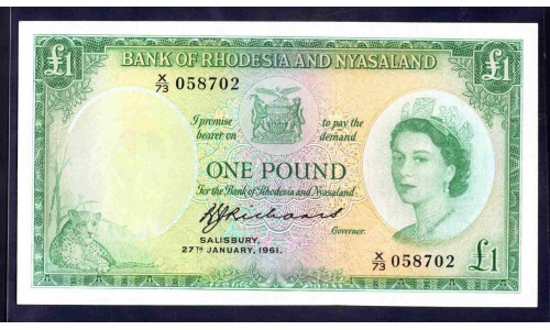 Родезия и Ньясаленд 1 фунт 1961 г. (RHODESIA AND NYASALAND 1 pound 1961) P 21b: aUNC/UNC 