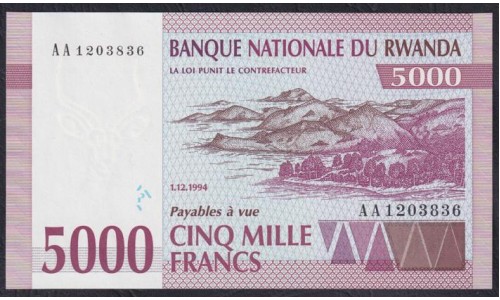 Руанда 5000 франков 1994 года года, РЕДКИЕ, AA 1203836 (RWANDA 5000 francs 1994) P 25: UNC