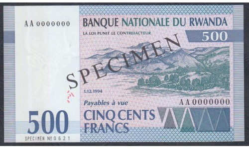 Руанда 500 франков 1994 года "ОБРАЗЕЦ" (RWANDA 500 francs 1994 SPECIMEN) P 23s: UNC