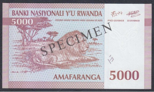 Руанда 5000 франков 1994 года "ОБРАЗЕЦ" (RWANDA 5000 francs 1994 SPECIMEN) P 25s: UNC