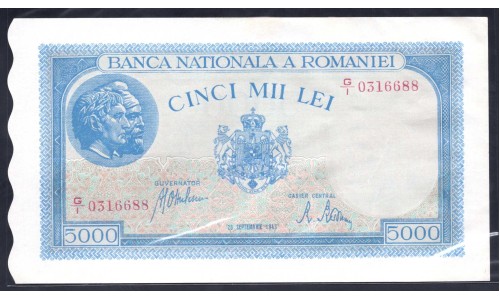 Румыния 5000 лей 1943 г. (ROMANIA 5000 Lei 1943) P55:Unc