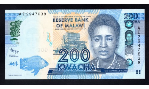 Малави 200 квача 2012 года (MALAWI 200 Kwacha 2012) P60a: UNC