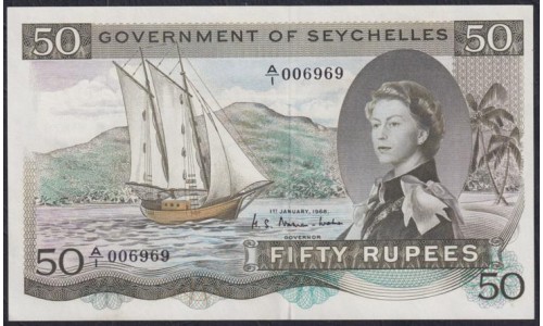Сейшельские Острова 50 рупий 1968 года, Крайне Редкие, НОМЕР A/1 006969!!! (Seychelles  50 rupees 1968) P 17a: UNC 