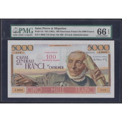Сент - Пьер и Микелон 100 новых  франков 1961 года, РЕДКОСТЬ!!! (SAINT PIERRE & MIQUELON 100 100 Nouveaux Francs 1961) P 35: PMG 66 Gem UNC EPQ