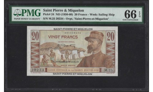 Сент - Пьер и Микелон 20 франков (1950-1960) (SAINT PIERRE & MIQUELON 20 Francs (1950-1960)) P 24 : PMG 66 Gem UNC EPQ