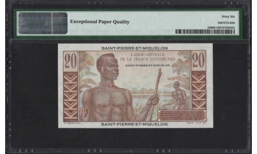 Сент - Пьер и Микелон 20 франков (1950-1960) (SAINT PIERRE & MIQUELON 20 Francs (1950-1960)) P 24 : PMG 66 Gem UNC EPQ