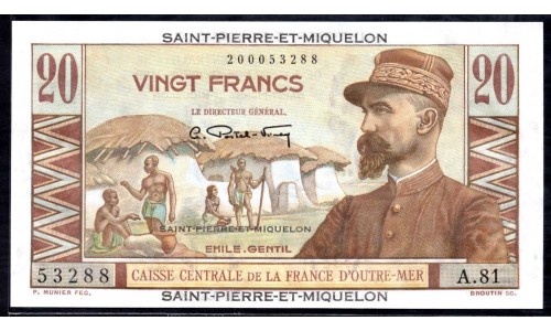 Сент - Пьер и Микелон 20 франков (1950-1960) (SAINT PIERRE & MIQUELON 20 Francs (1950-1960)) P 24 : UNC