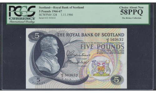 Шотландия 5 фунтов 1966-67 годы, РЕДКИЕ! (SCOTLAND 5 Pounds 1966-67) P 328 : aUNC PCGS 58