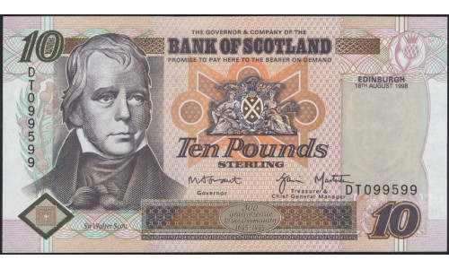 Шотландия 10 фунтов 1998 красивый номер (SCOTLAND 10 Pounds 1998 beautiful number) P 120c : UNC