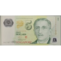 Сингапур 5 долларов б\д (2007-2020) Полимер (Singapore 5 dollars ND (2007-2020) Polymer) P 47b: UNC
