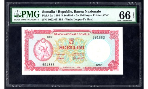 Сомали 5 шиллингов 1966 г. (SOMALIA 5 shillings 1966) P 5a: UNC PMG 66 greid slab