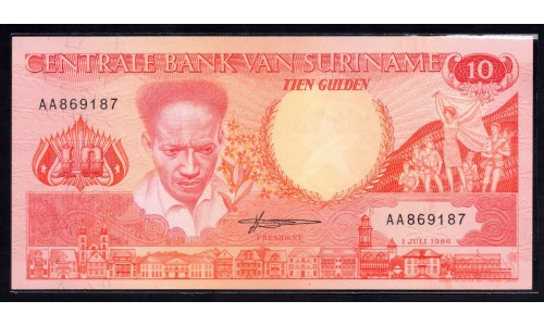 Суринам 10 гульден 1986 г. (SURINAME 10 Gulden 1986) Р131а: UNC