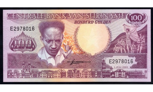 Суринам 100 гульден 1986 г. (SURINAME 100 Gulden 1986) Р133а:Unc