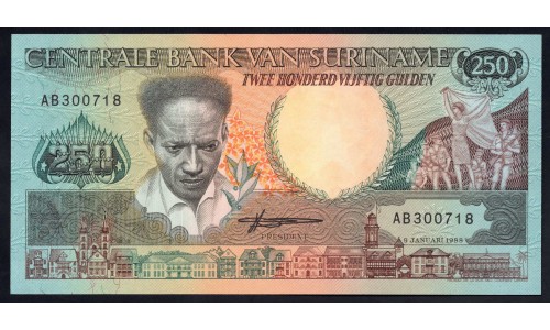 Суринам 250 гульден 1988 г. (SURINAME 250 Gulden 1988) Р134:Unc