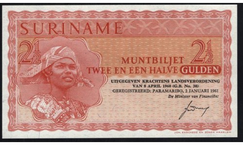 Суринам 2 1/2 гульдена  02.01.1961 года, серия замещения ZZ 084764 (SURINAME 2½ Gulden  02.01.1961) P117a: UNC