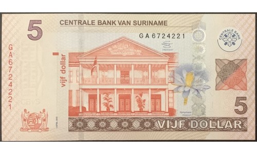Суринам 5 долларов 2012 г. (SURINAME 5 Dollars 2012) P162b:Unc