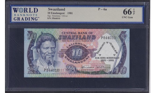 Свазиленд 10 эмалангени 1981 год, Юбилейные, 70 летие Короля, РЕДКИЕ!!! (SWAZILAND 10 emalangeni 1981) P 6a: WBG 66 UNC Gem TOP