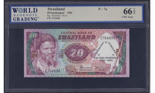 Свазиленд 20 эмалангени 1981 год, Юбилейные, 70 летие Короля, РЕДКИЕ!!! (SWAZILAND 20 emalangeni 1981) P 6a: WBG 66 UNC Gem TOP
