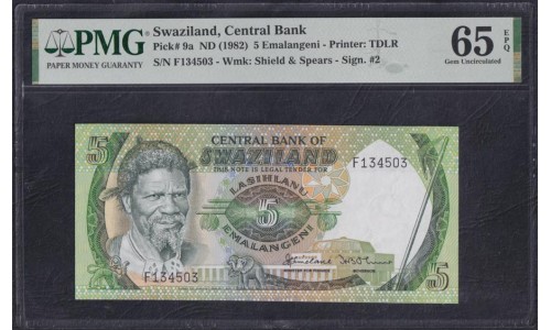 Свазиленд 5 эмалангени ND (1984), РЕДКИЕ (SWAZILAND 5 emalangeni ND (1984) P 9a: PMG 65 EPQ Gem Uncirculated