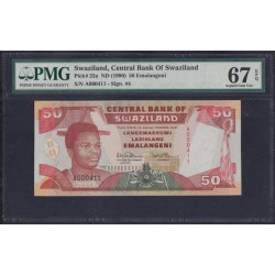 Свазиленд 50 эмалангени 1990 года, низкий номер A000411, РЕДКОСТЬ (SWAZILAND 50 emalangeni 1990, RARE) P 22а: PMG 67 Superb Gem UNC