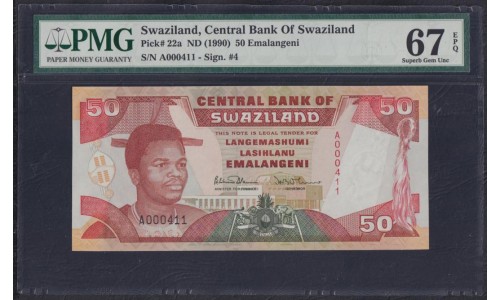 Свазиленд 50 эмалангени 1990 года, низкий номер A000411, РЕДКОСТЬ (SWAZILAND 50 emalangeni 1990, RARE) P 22а: PMG 67 Superb Gem UNC