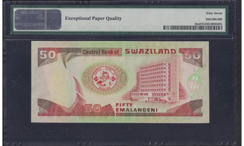 Свазиленд 50 эмалангени 1990 года, низкий номер A000411, РЕДКОСТЬ (SWAZILAND 50 emalangeni 1990, RARE) P 22а: PMG 67 Superb Gem UNC