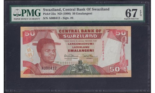 Свазиленд 50 эмалангени 1990 года, низкий номер A000412, РЕДКОСТЬ (SWAZILAND 50 emalangeni 1990, RARE) P 22а: PMG 67 Superb Gem UNC