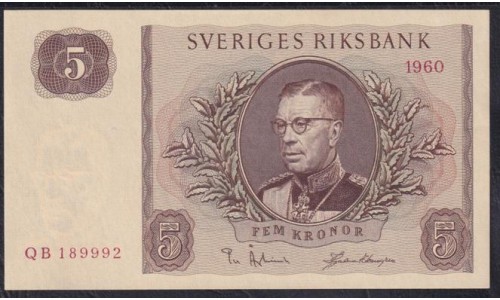 Швеция 5 крон 1960 года, QB 189992 (Sweden 5 kronor 1960) P 42fe: UNC