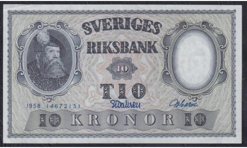 Швеция 10 крон 1958 (Sweden 10 kronor 1958) P 43f(14): UNC--