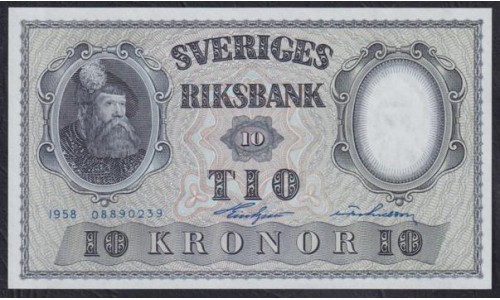 Швеция 10 крон 1958 (Sweden 10 kronor 1958) P 43f(7): UNC
