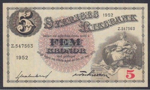 Швеция 5 крон 1952 (Sweden 5 kronor 1952) P 33ai(9): UNC