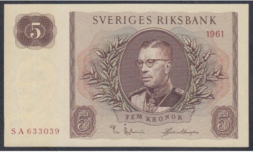 Швеция 5 крон 1961 (Sweden 5 kronor 1961) P 42f: UNC