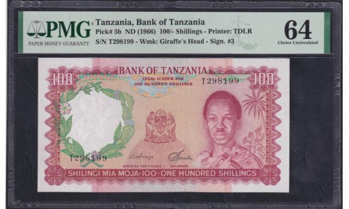 Танзания 100 шиллингов 1966 года, РЕДКИЕ (TANZANIA  100 shillings 1966) P 5b: UNC PMG 64