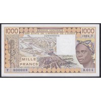 Того 1000 франков 1986 года, 326800008, Красивый номер! (TOGO 1000 francs 1986) P 807Td: UNC