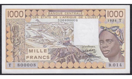 Того 1000 франков 1986 года, 326800008, Красивый номер! (TOGO 1000 francs 1986) P 807Td: UNC