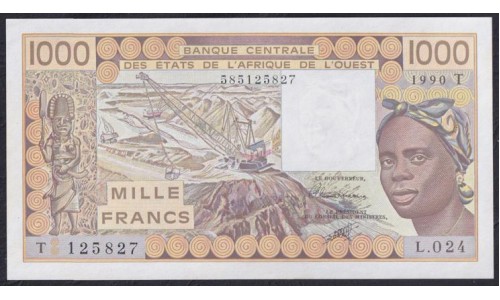 Того 1000 франков 1990 года, 585125827, Красивый номер! (TOGO 1000 francs 1990) P 807Tj: UNC